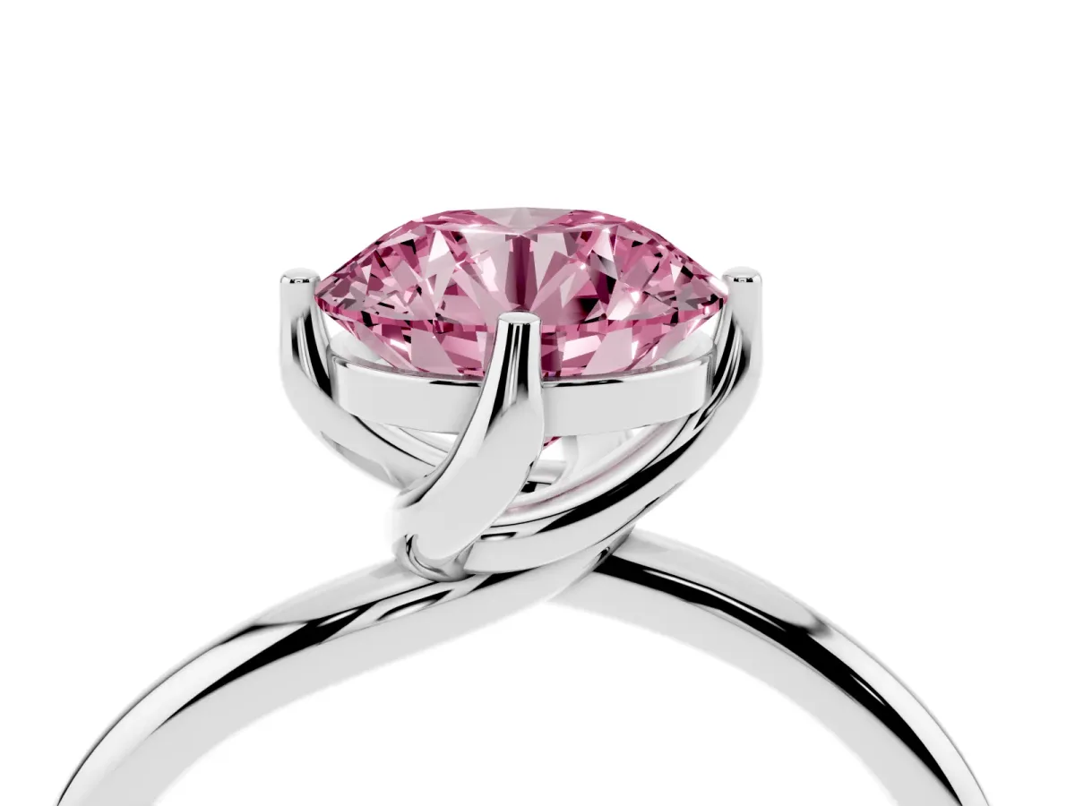 Fancy Pink Round Cut Diamond Solitaire Engagement Ring with Four-Prong Setting and Classic Band Silver