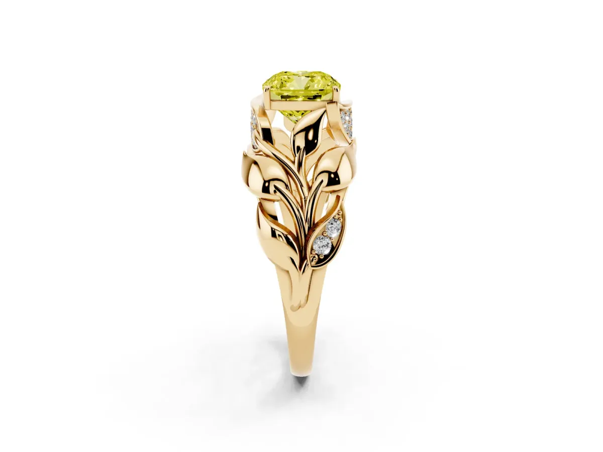 Fancy Yellow Cushion Cut Diamond Leaf-Inspired Engagement Ring with Round Accents and Prong Setting Yellow gold