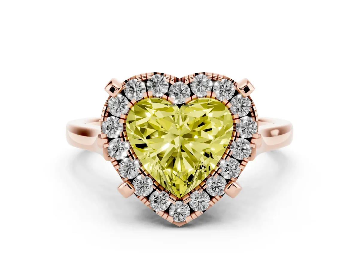 Fancy Yellow Heart Cut Diamond Cluster Halo Solitaire with Four-Prong Setting Rose gold