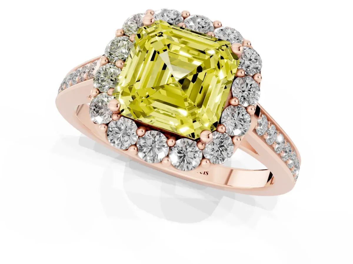 Fancy Yellow Asscher Cut Diamond Floral Halo Ring with Pavé Band and Prong Setting Rose gold