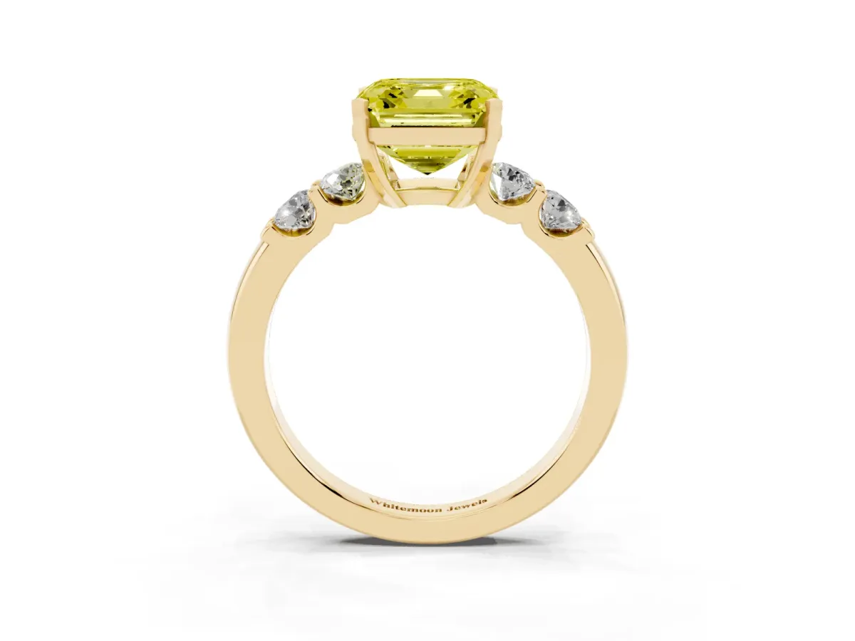 Fancy Yellow Asscher Cut Brilliant Cut Diamond Five-Stone Prong Set Engagement Ring with Channel Band Yellow gold