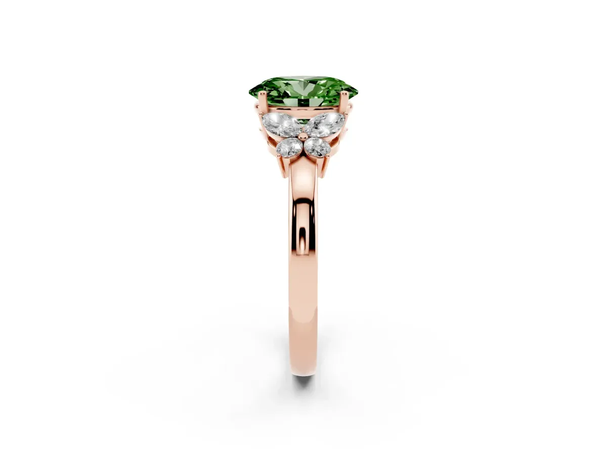 Fancy Green Oval Cut Cut Solitaire Floral Diamond Ring with Four-Prong Setting Rose gold