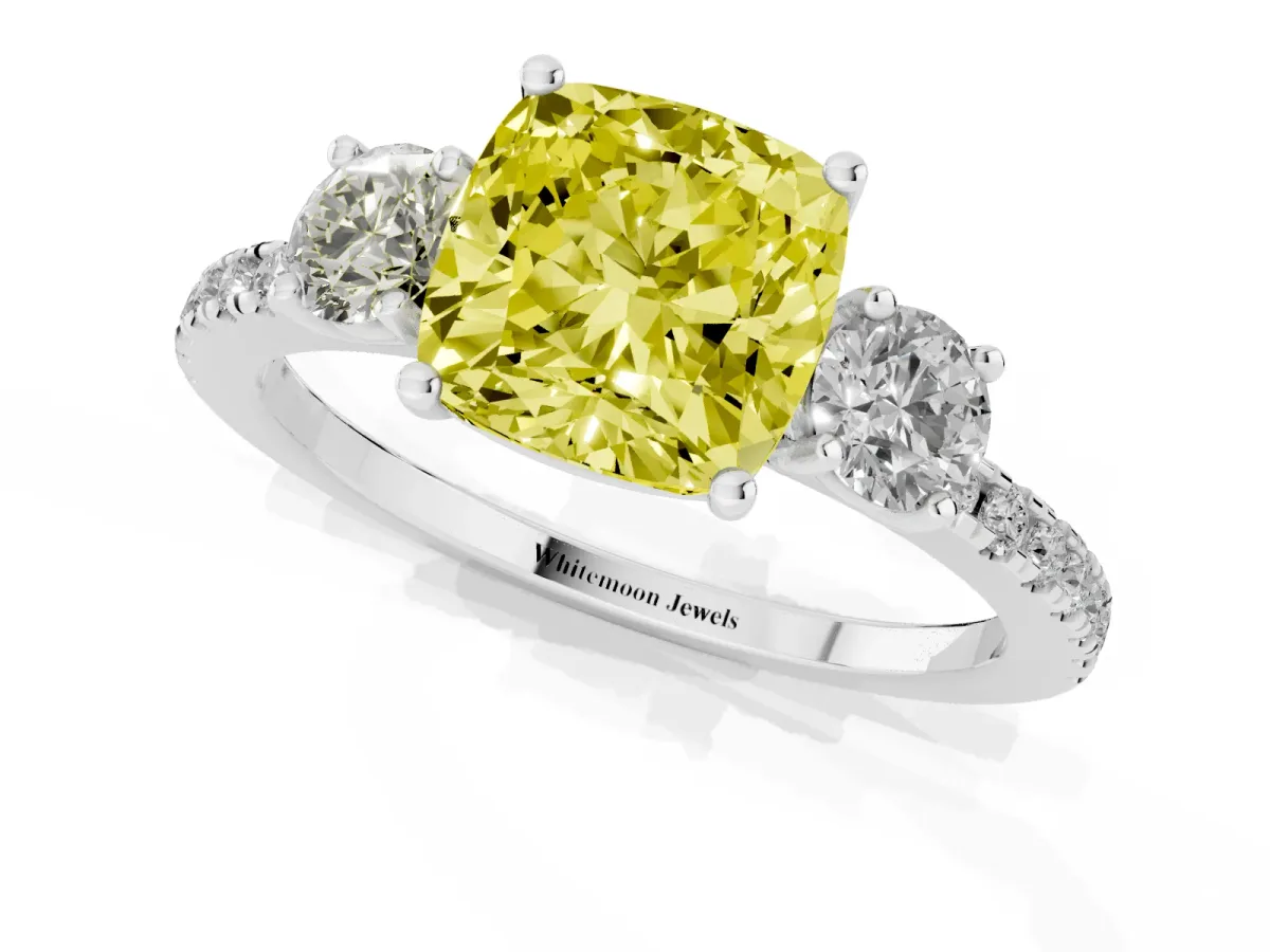 Fancy Yellow Three-Stone Cushion Cut Cut Diamond Pavé Band with Prong Setting Silver