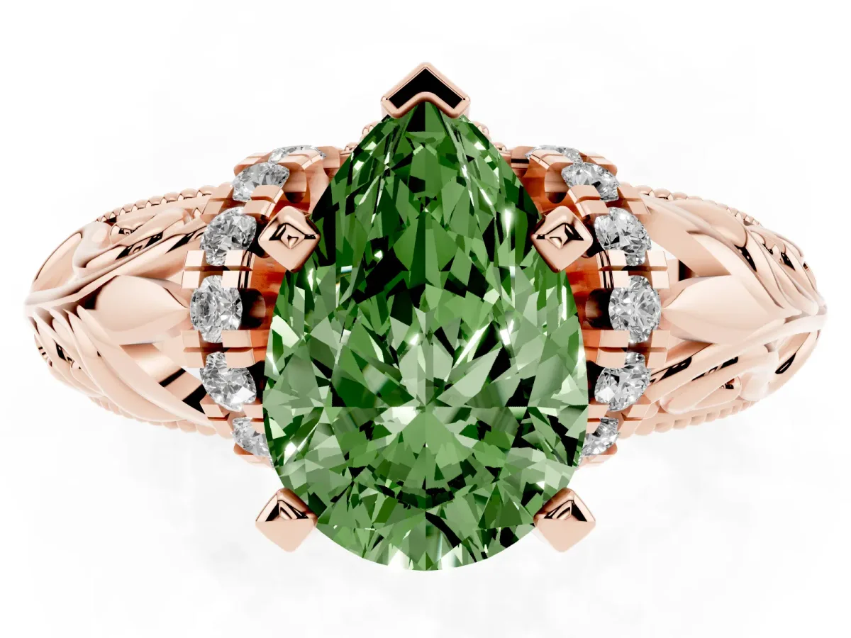 Fancy Green Pear Cut Solitaire Filigree Engagement Ring with Halo and Prong Setting Rose gold