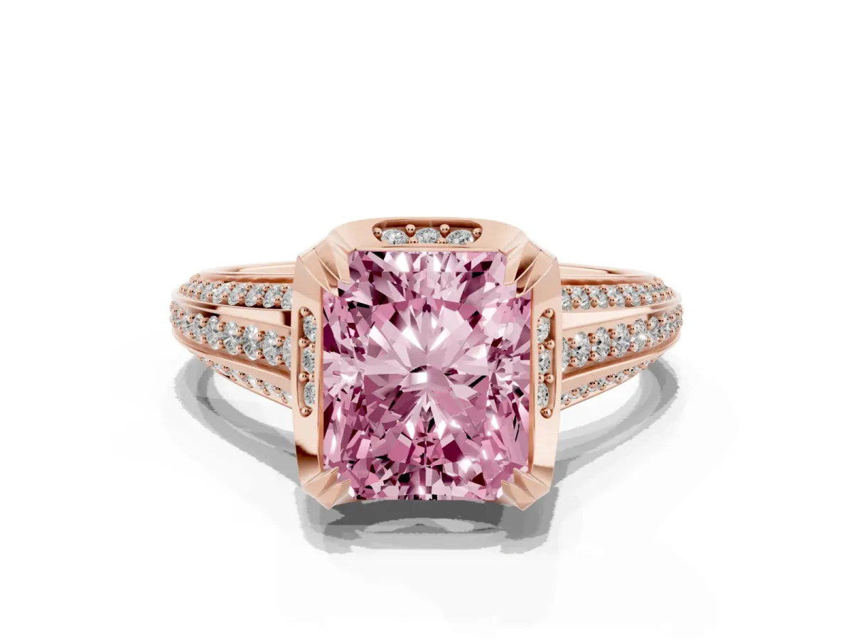 Fancy Pink Radiant Cut Solitaire Pave Split Shank Ring with Four-Prong Setting Rose gold