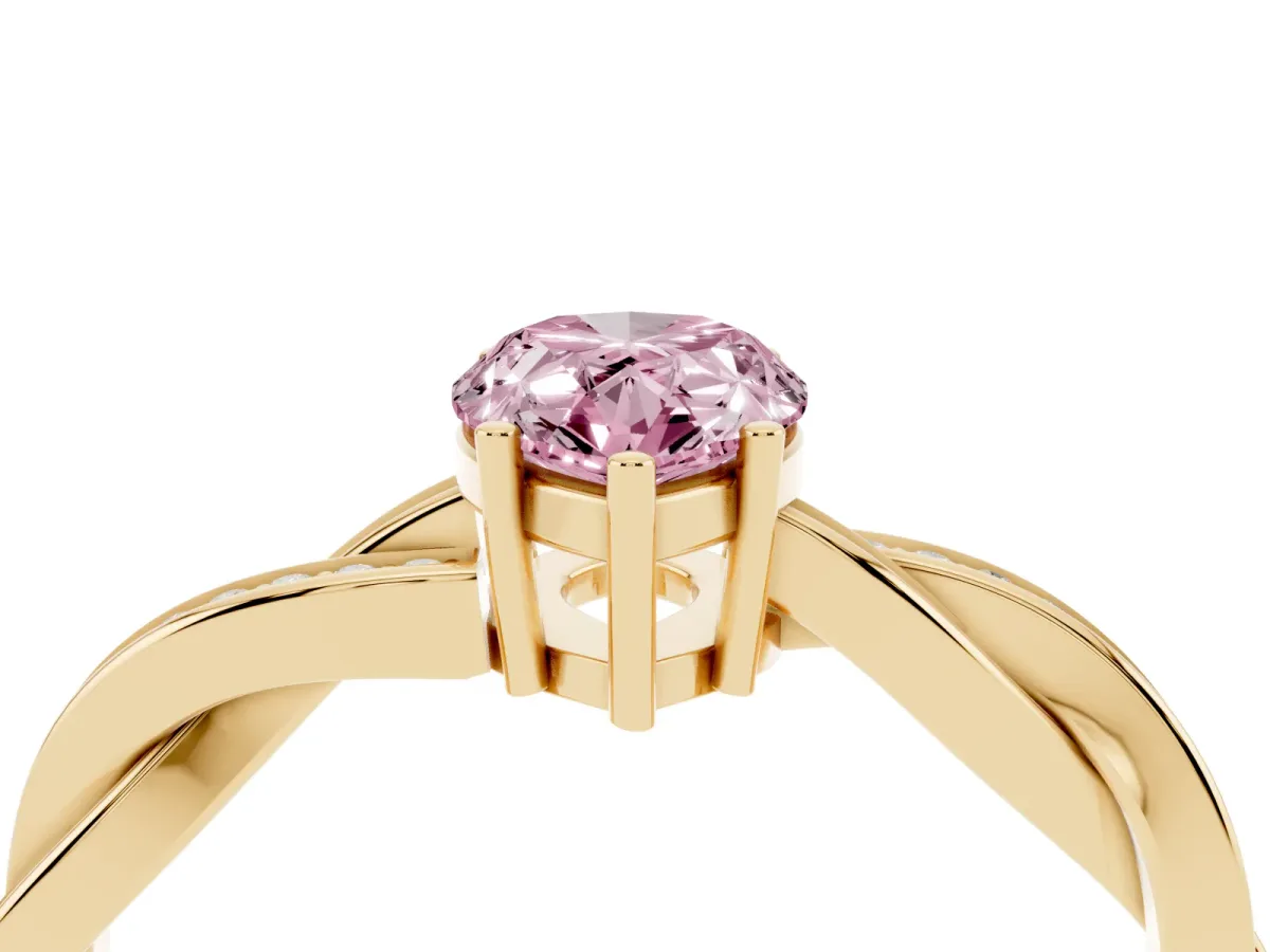 Fancy Pink Pear Cut Solitaire Twisted Pave Diamond Ring with Four-Prong Setting Yellow gold