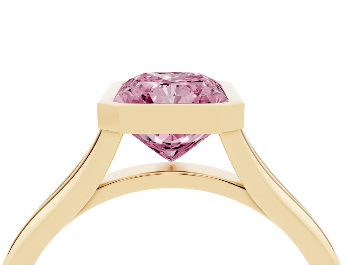Fancy Pink Bezel Set Radiant Cut Cut Solitaire Ring with Tapered Band Yellow gold