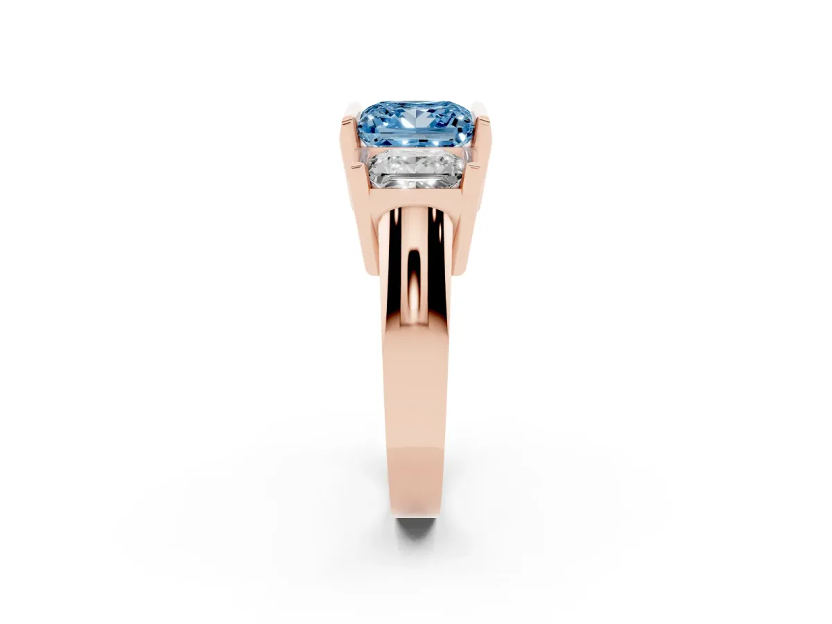 Fancy Blue Three Stone Princess Cut Cut Channel Set Diamond Ring Rose gold