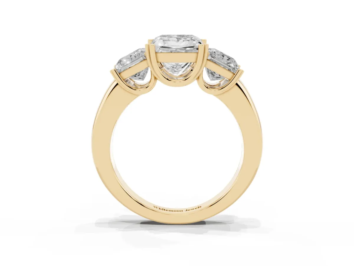 Three-Stone Princess Cut Cut Diamond Ring with Channel Set Band and Four-Prong Setting Yellow gold
