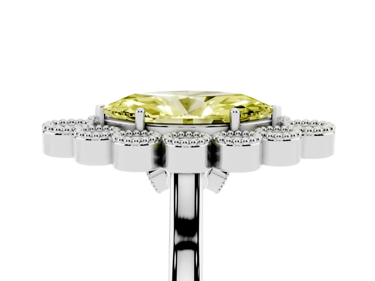 Fancy Yellow Marquise Cut Halo Diamond Cluster Engagement Ring with Milgrain Bezel Setting and Solitaire Band Silver