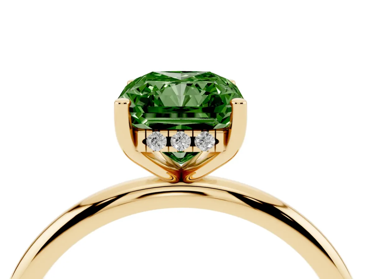 Fancy Green Radiant Cut Cut Solitaire Engagement Ring with Four-Prong Setting and Classic Band Yellow gold
