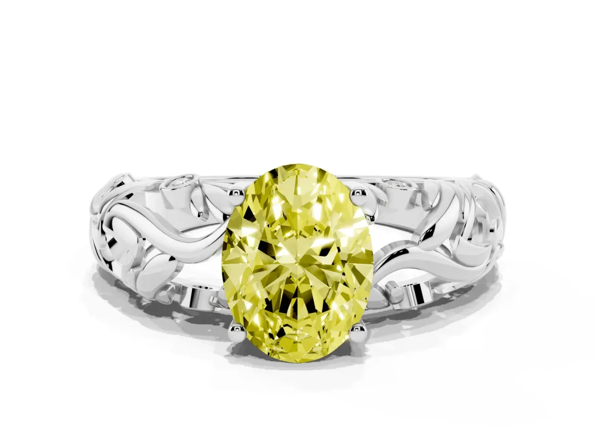 Fancy Yellow Oval Cut Solitaire Diamond Leaf-Inspired Vine Band Ring with Prong Setting Silver