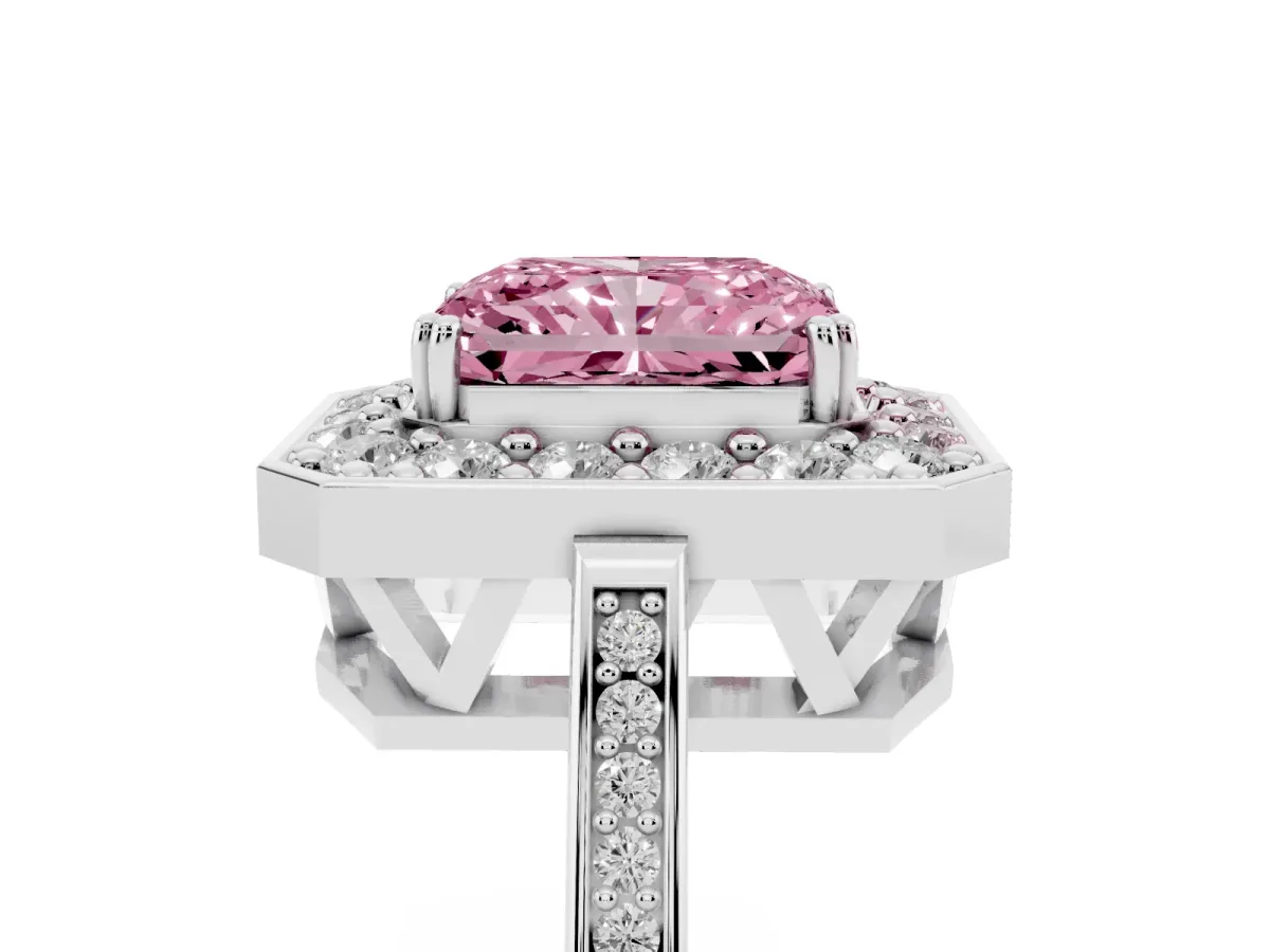 Fancy Pink Radiant Cut Diamond Halo Ring with Split Shank and Four-Prong Setting Silver