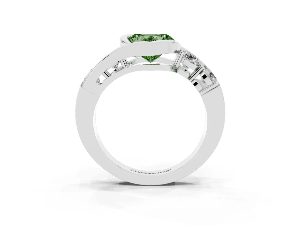Fancy Green Bezel Set Heart Cut Diamond Bypass Ring with Round Accents Silver