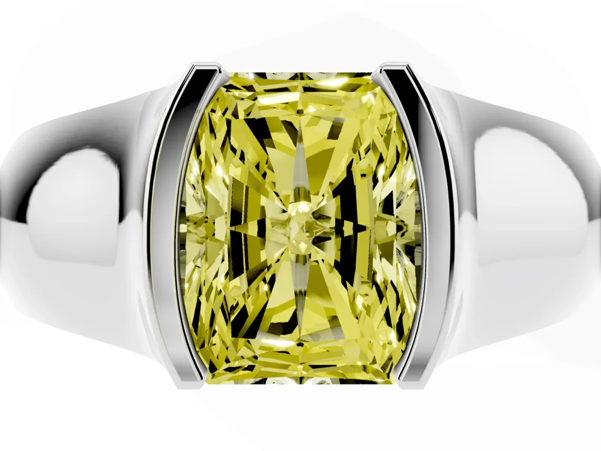 Fancy Yellow Radiant Cut Solitaire Bezel Set Diamond Ring with Wide Band Silver