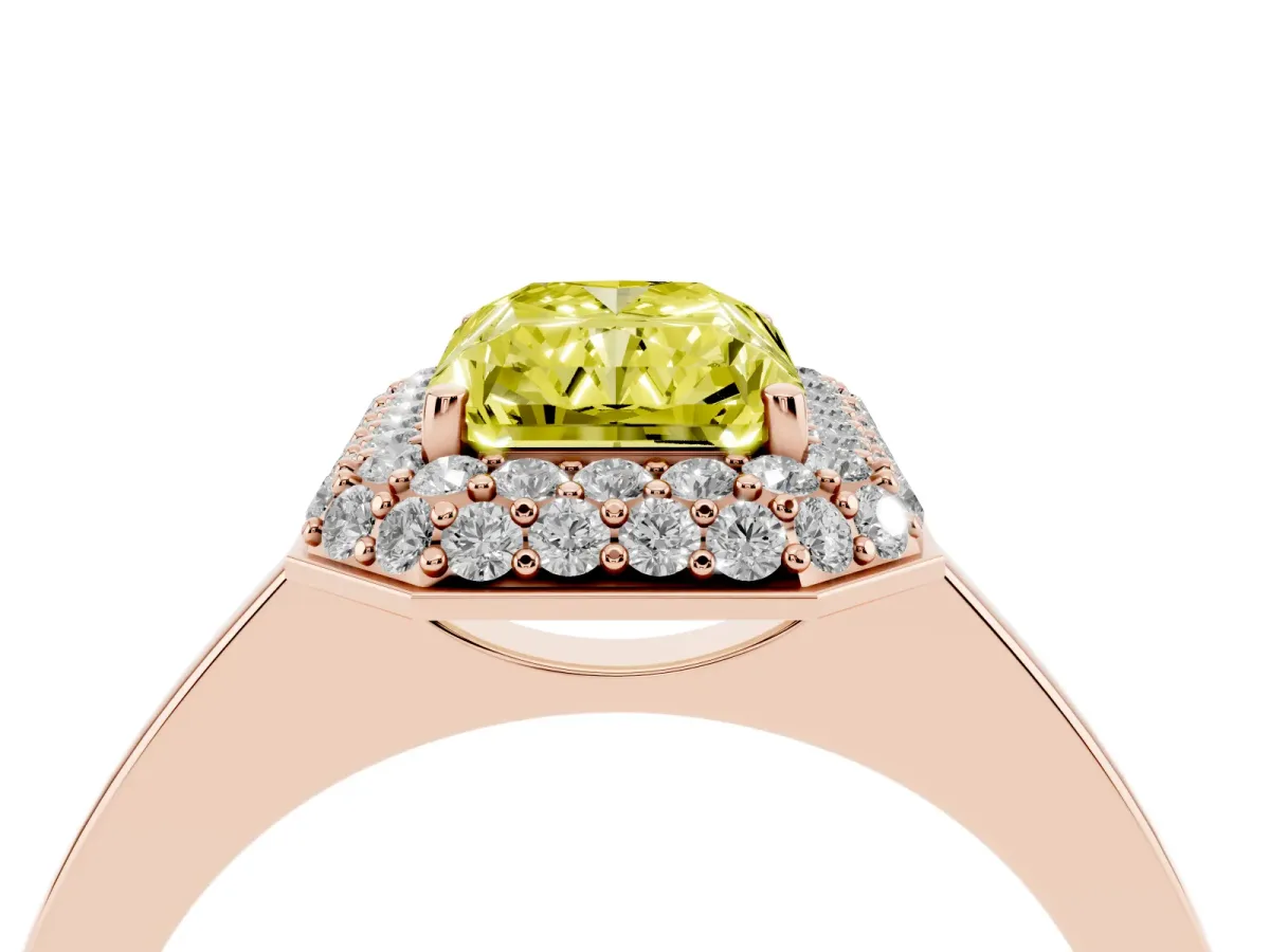 Fancy Yellow Radiant Cut Halo Diamond Engagement Ring with Solitaire Band and Four-Prong Setting Rose gold
