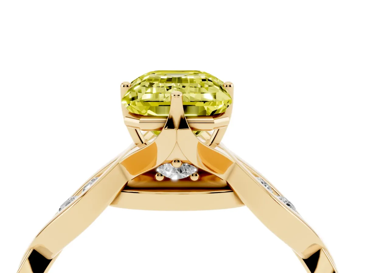 Fancy Yellow Emerald Cut Solitaire Twist Band with Leaf Prong Setting Yellow gold