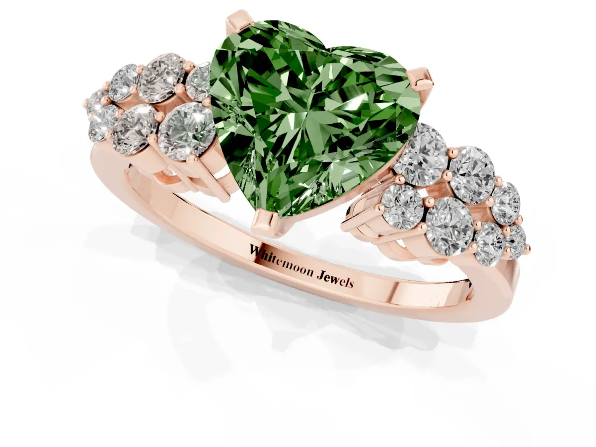 Fancy Green Heart Cut Cluster Diamond Engagement Ring with Pavé Band and Four-Prong Setting Rose gold