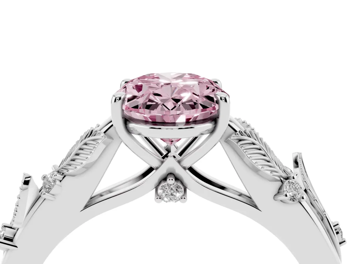 Fancy Pink Oval Cut Diamond Solitaire Ring with Leaf Motif Band and Four-Prong Setting Silver
