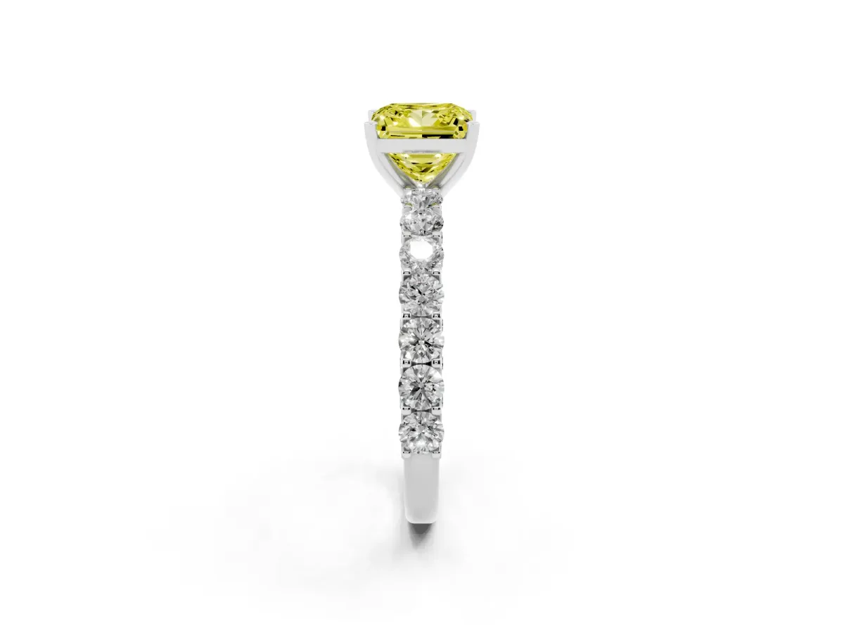 Fancy Yellow Princess Cut Diamond Solitaire Ring with Shared Prong Pavé Band and Four-Prong Setting White gold