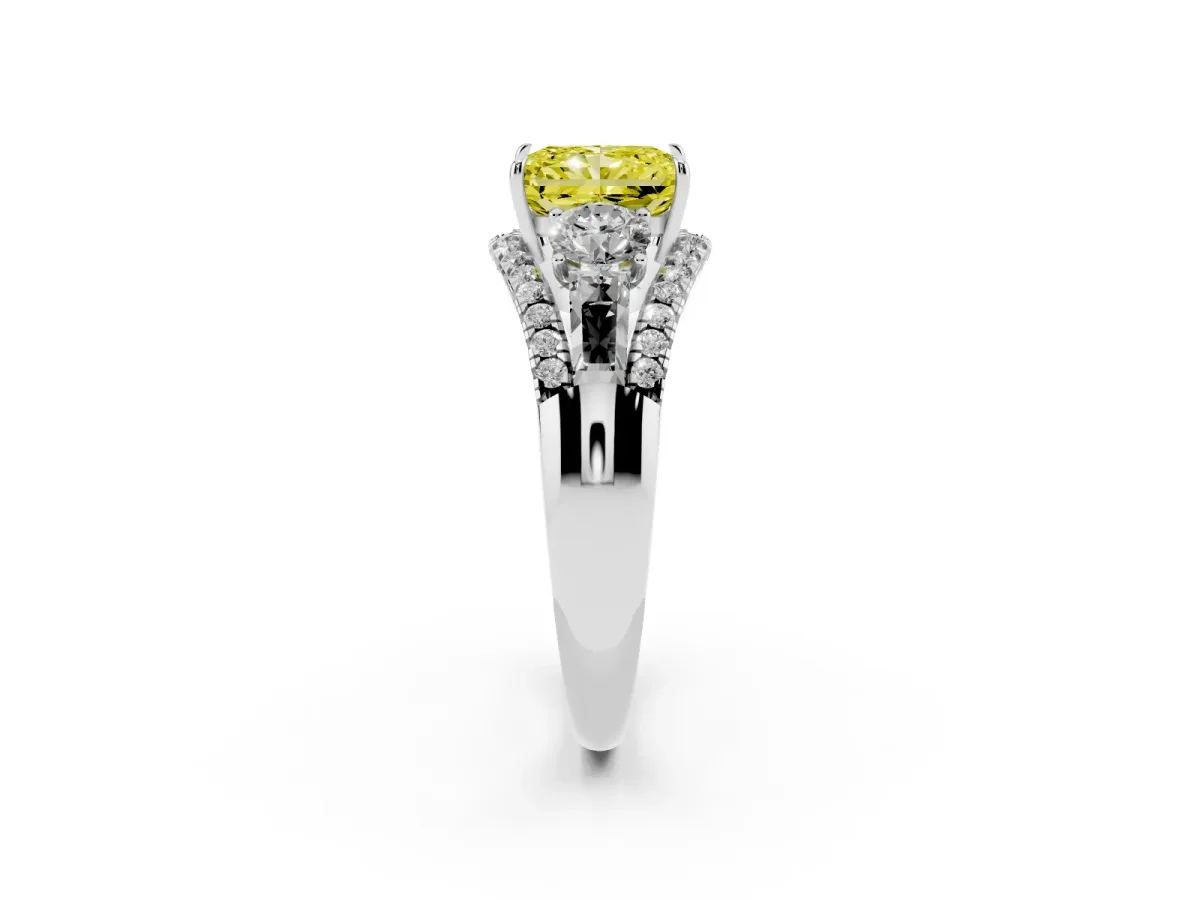 Fancy Yellow Three-Stone Radiant Cut Diamond Engagement Ring with Pave Band and Prong Setting Silver