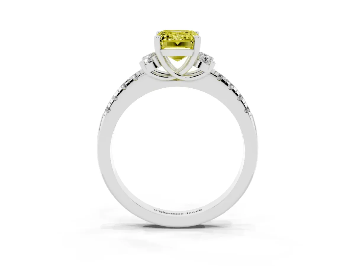 Fancy Yellow Emerald Cut Diamond Three-Stone Pave Band with Four-Prong Setting Platinum