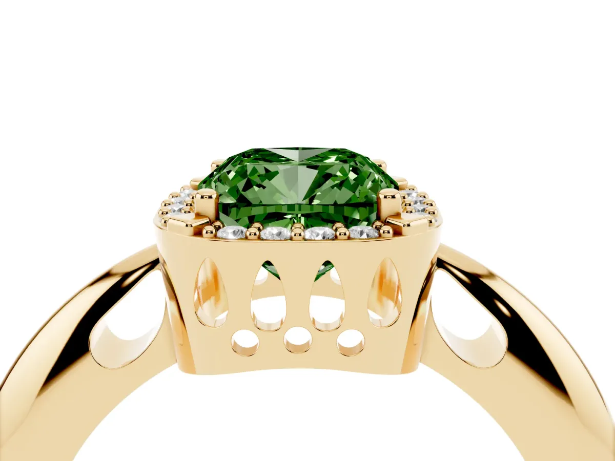 Fancy Green Cushion Cut Cut Diamond Halo Engagement Ring with Split Shank and Four-Prong Setting Yellow gold