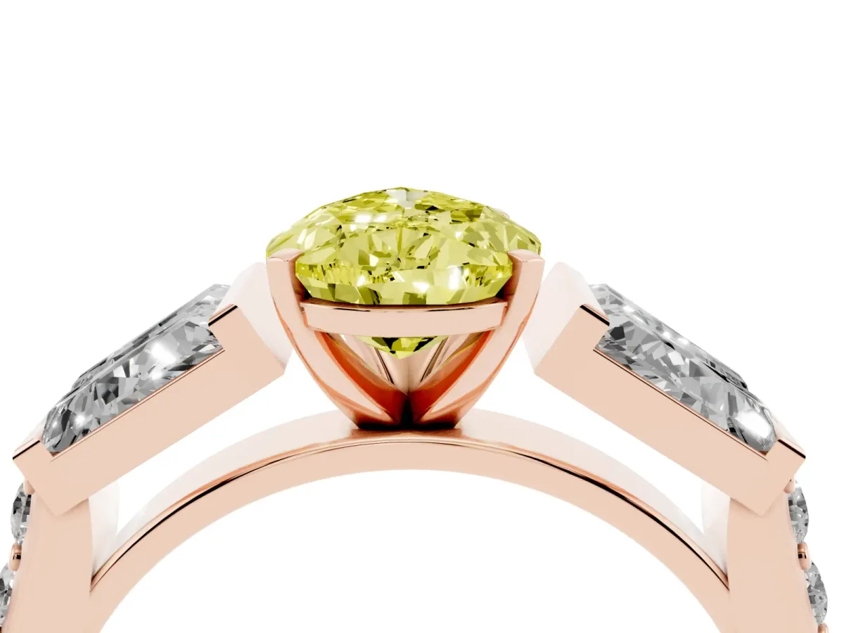 Fancy Yellow Pear Cut Diamond Engagement Ring with Baguette Side Stones and Channel Set Band Rose gold