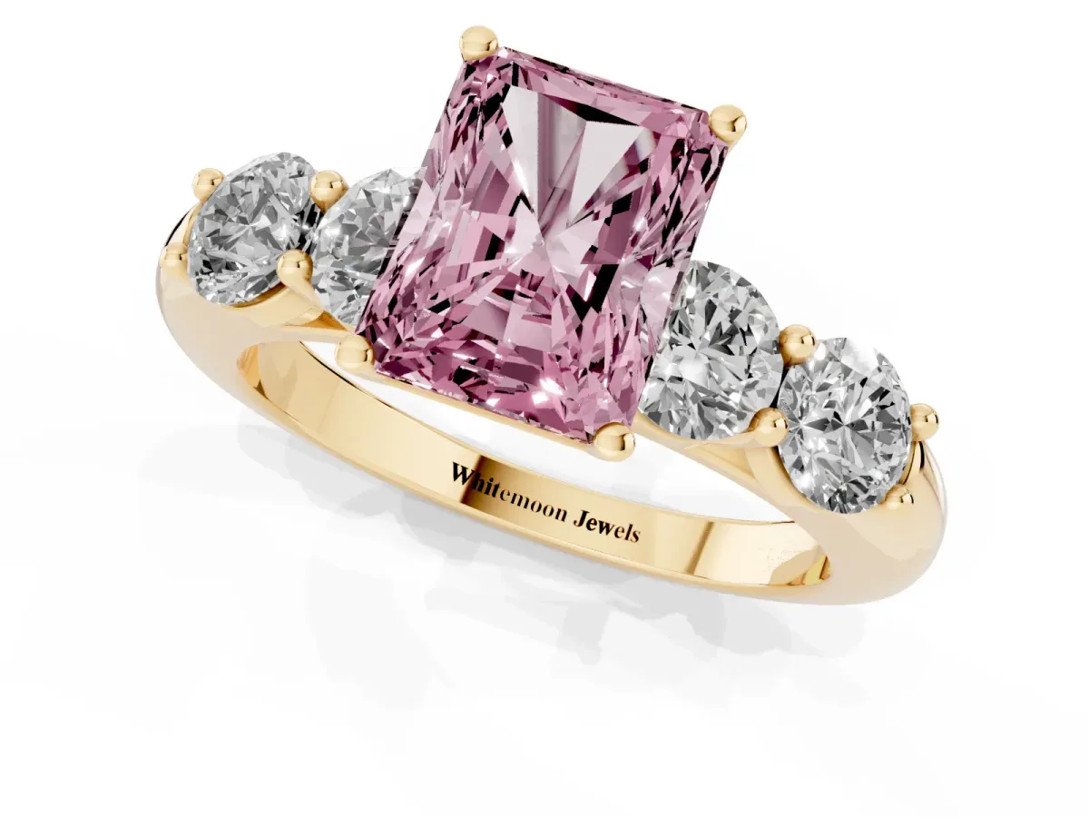 Fancy Pink Radiant Cut Cut Five-Stone Prong Set Diamond Ring with Classic Band Yellow gold