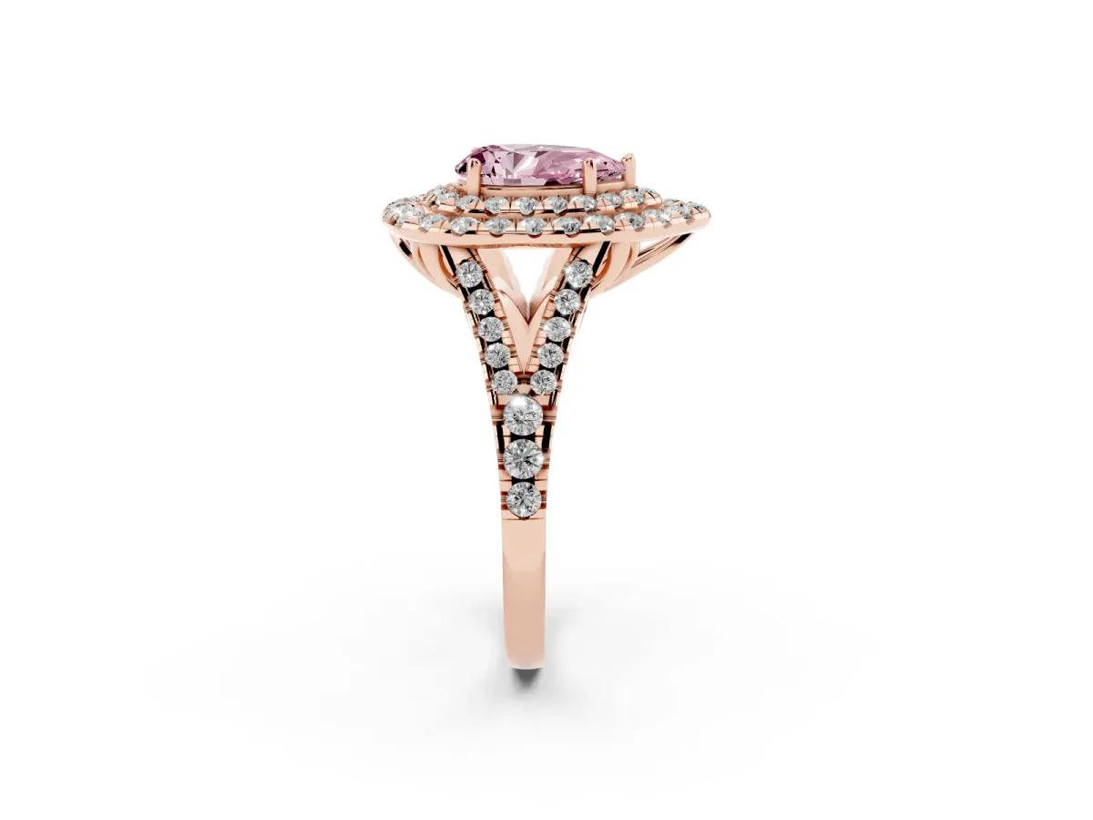 Fancy Pink Double Halo Pear Cut Diamond Pavé Split Shank Ring with Prong Setting Rose gold