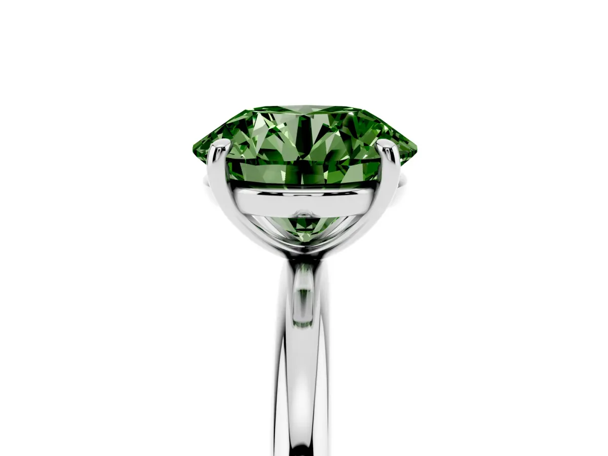 Fancy Green Round Cut Solitaire Diamond Ring with Four-Prong Setting on a Plain Band Platinum