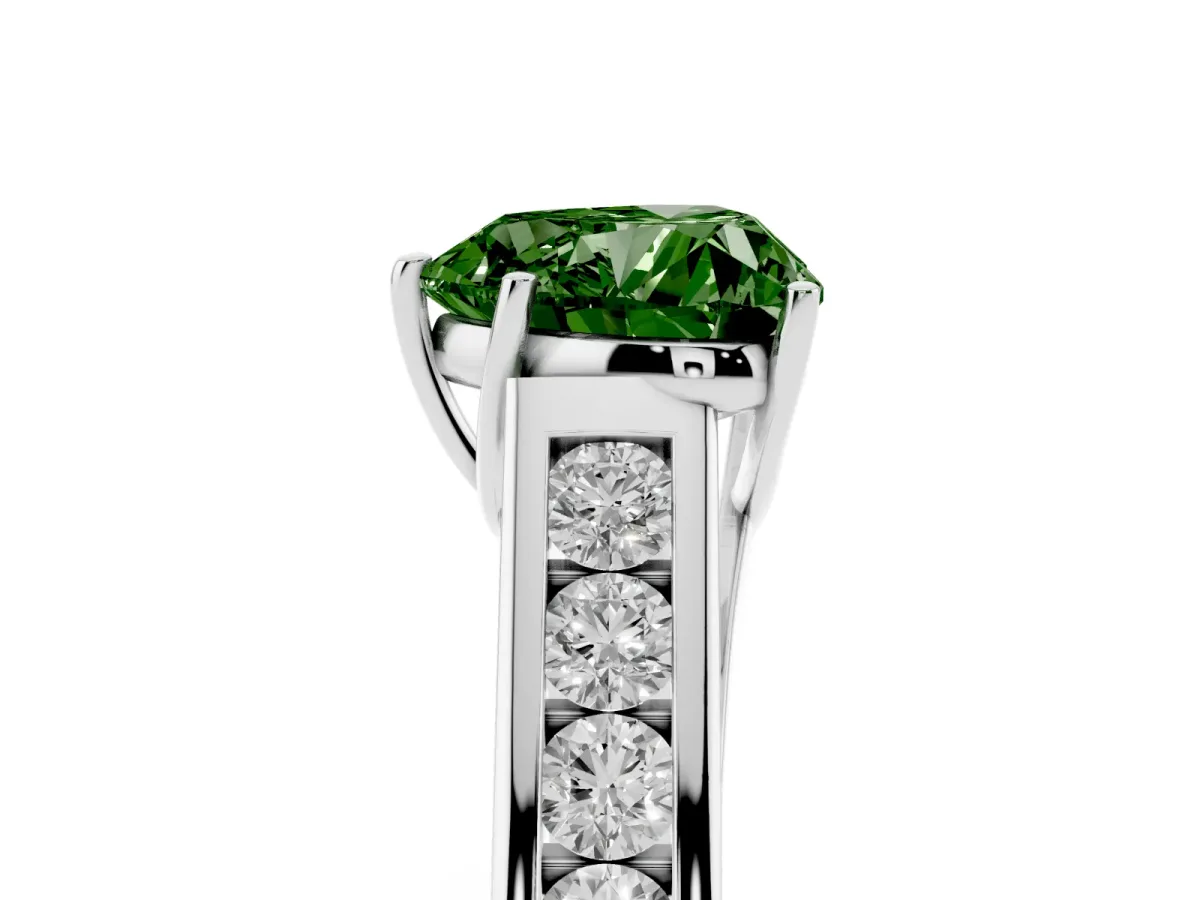 Fancy Green Heart Cut Solitaire Channel-Set Diamond Engagement Ring with Four-Prong Setting Silver