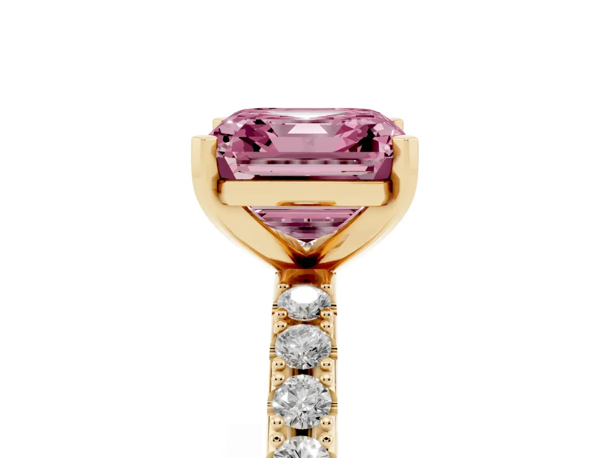 Fancy Pink Asscher Cut Diamond Solitaire Pavé Band with Four-Prong Setting Yellow gold