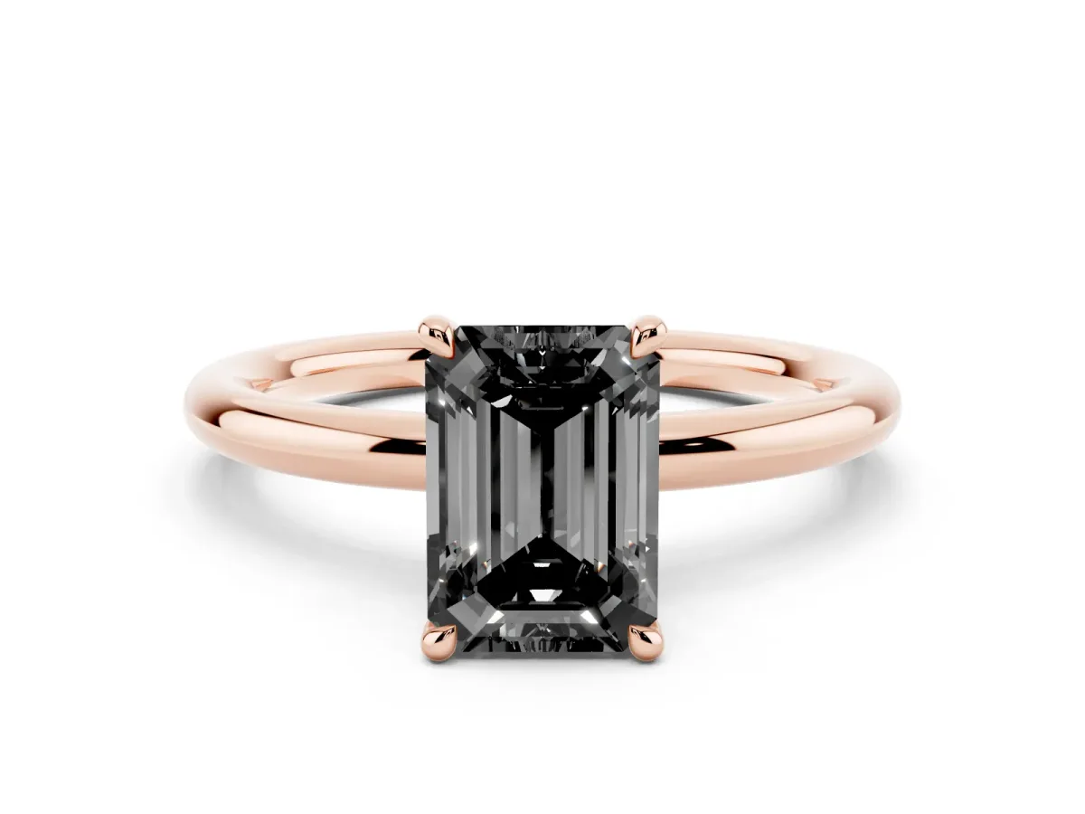Fancy Black Emerald Cut Diamond Solitaire Ring with Thin Band and Four-Prong Setting Rose gold