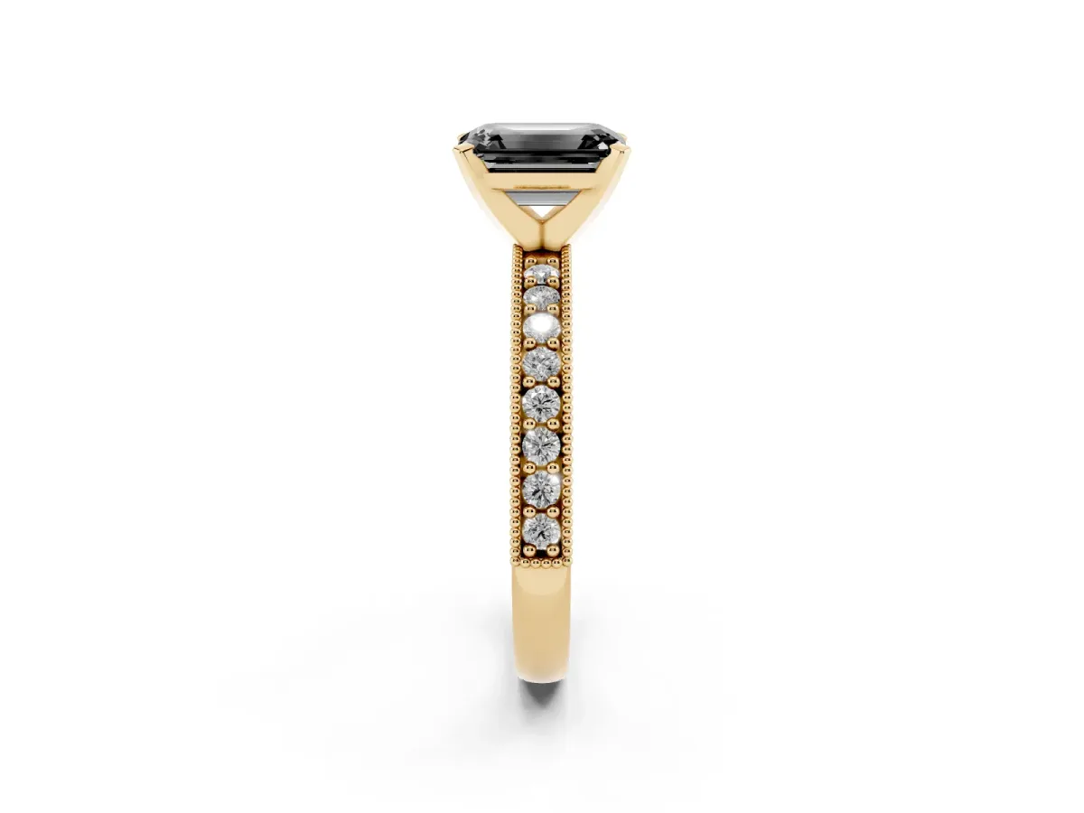 Fancy Black Emerald Cut Diamond Milgrain Pavé Engagement Ring with Four-Prong Setting Yellow gold