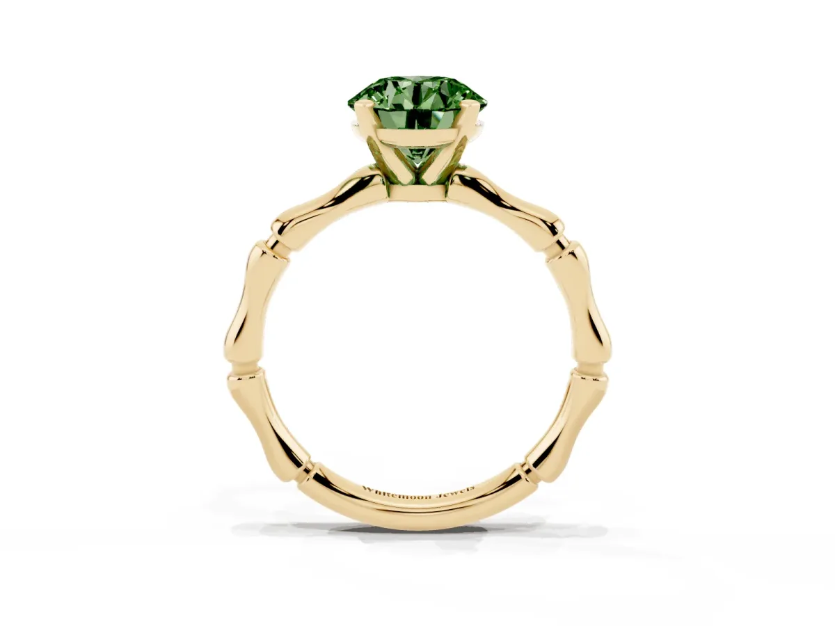 Fancy Green Round Cut Solitaire Diamond Ring with Bamboo Band and Four-Prong Setting Yellow gold
