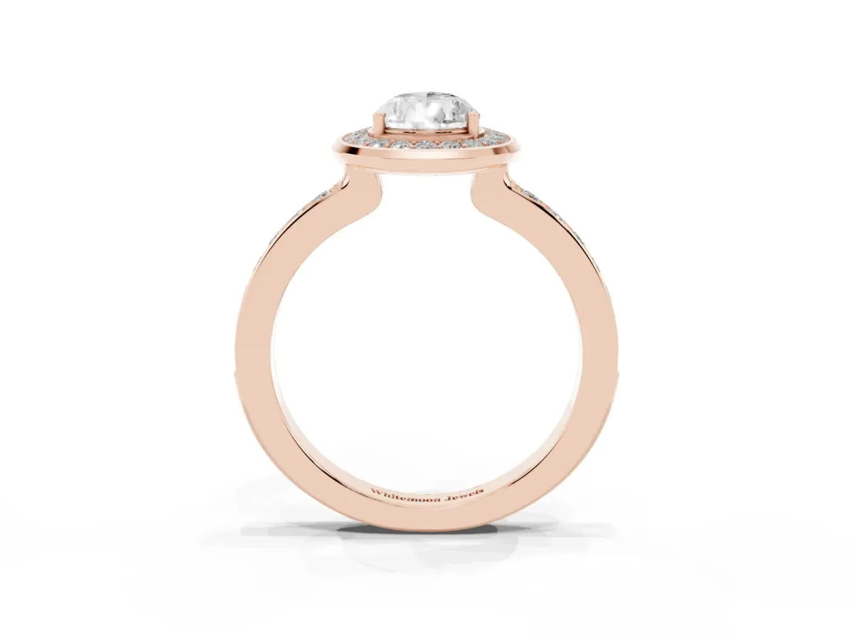 Pear Cut Diamond Halo Ring with Bezel Frame and Pavé Band Rose gold