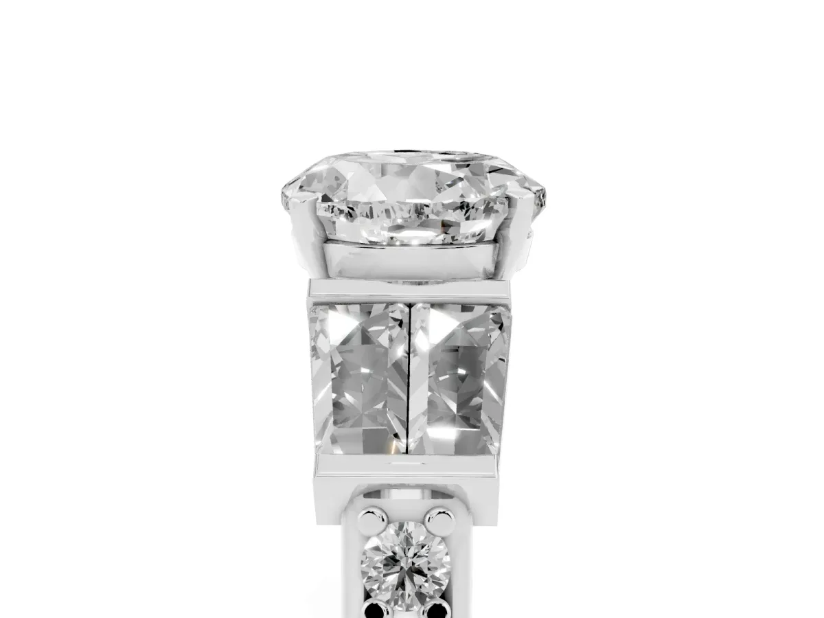 Round Cut Diamond Engagement Ring with Baguette Side Stones and Channel Set Band Silver