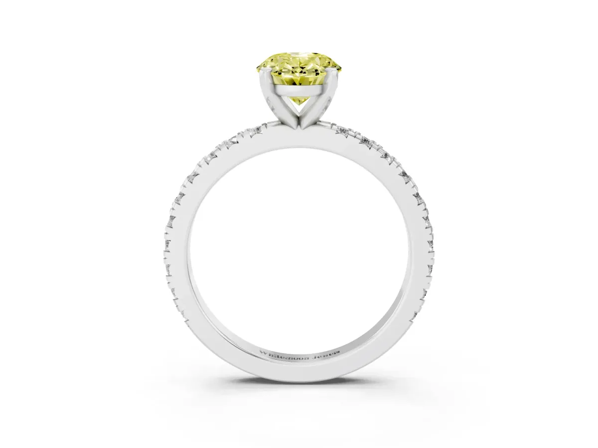 Fancy Yellow Oval Cut Diamond Pavé Band Solitaire with Four-Prong Setting Silver