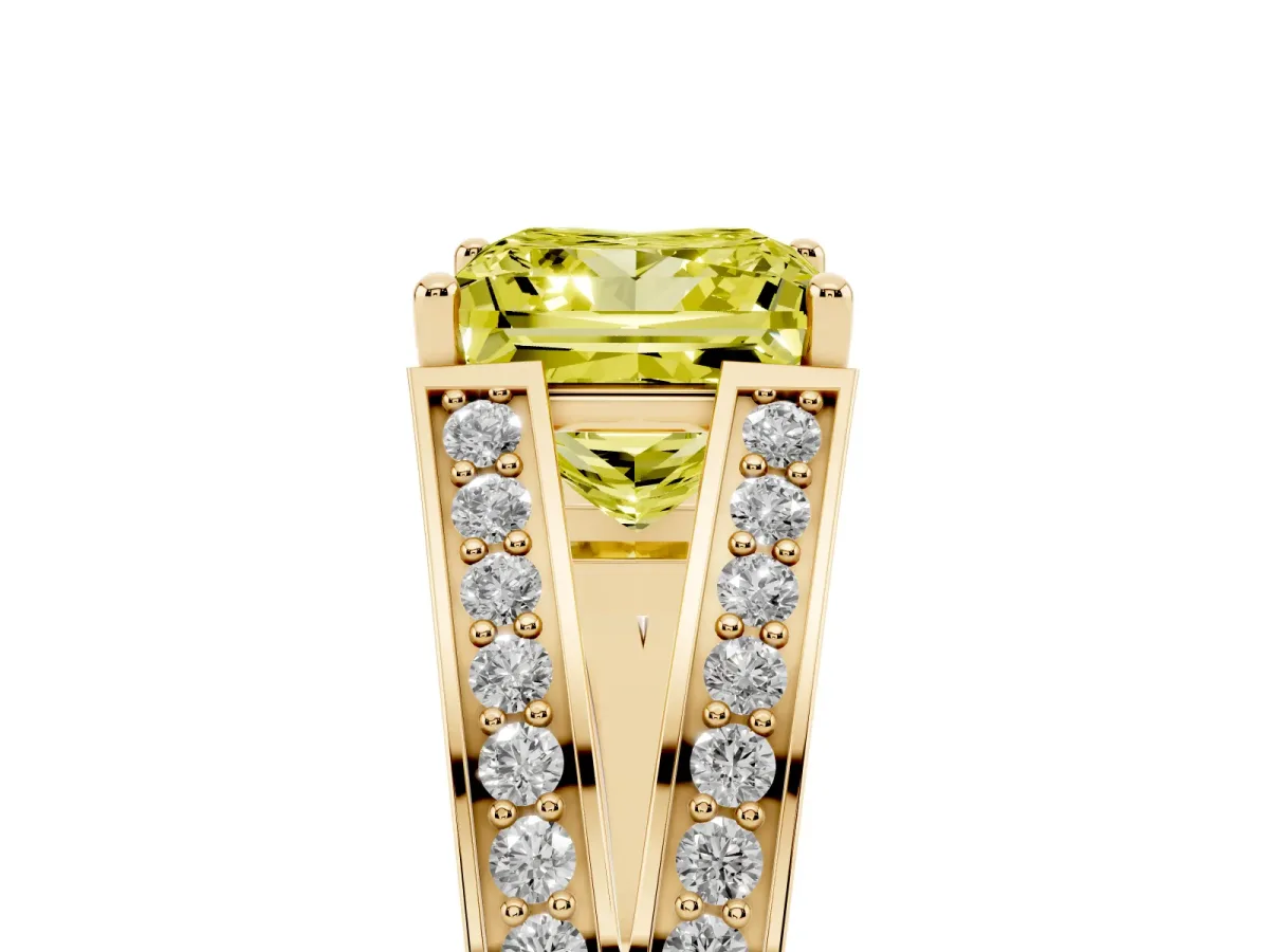 Fancy Yellow Princess Cut Diamond Split Shank Ring with Pavé Band and Four-Prong Setting Yellow gold
