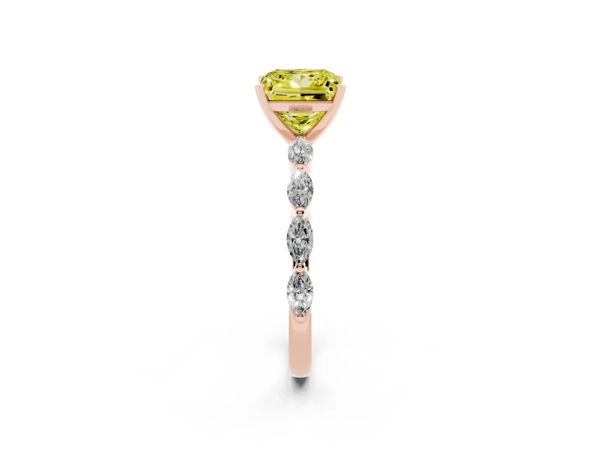 Fancy Yellow Princess Cut Diamond Ring with Marquise Side Stones and Prong Setting Rose gold