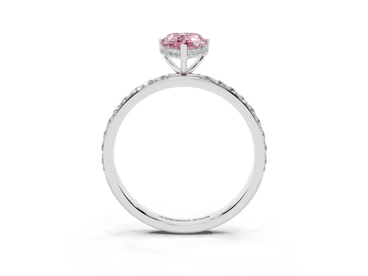 Fancy Pink Pear Cut Diamond Solitaire Ring with Pavé Band and Hidden Halo White gold