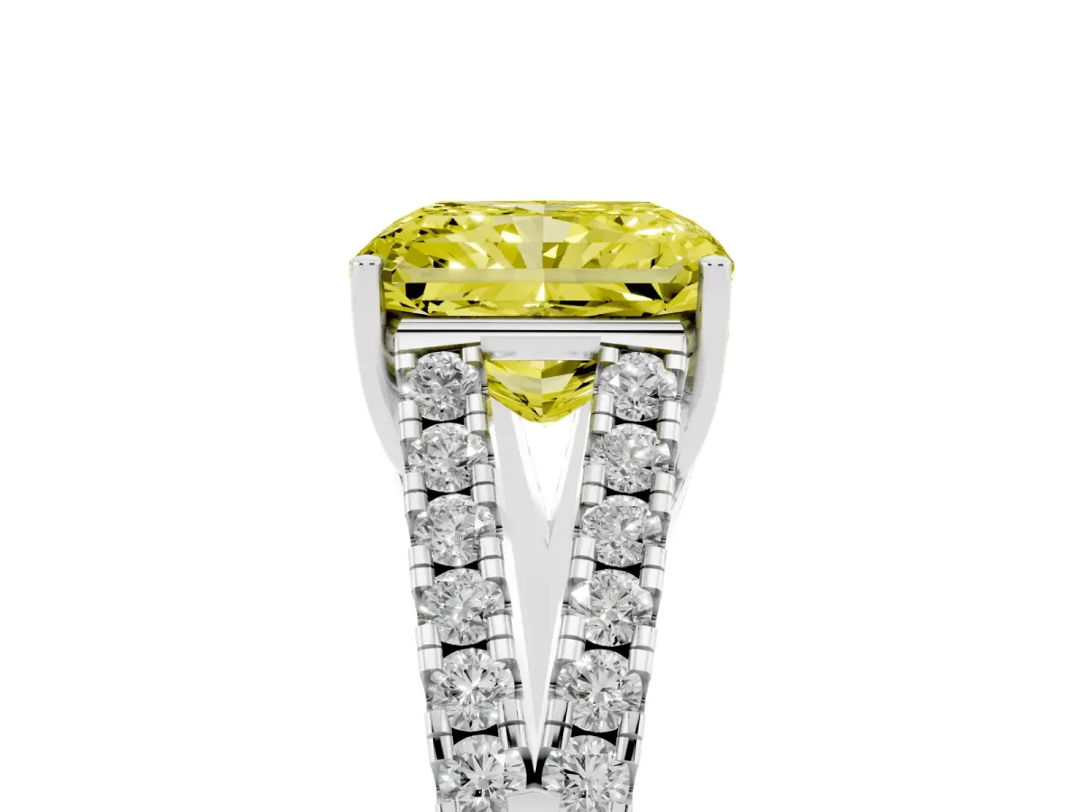 Fancy Yellow Radiant Cut Diamond Split Shank Engagement Ring with Round Pavé and Prong Setting Silver