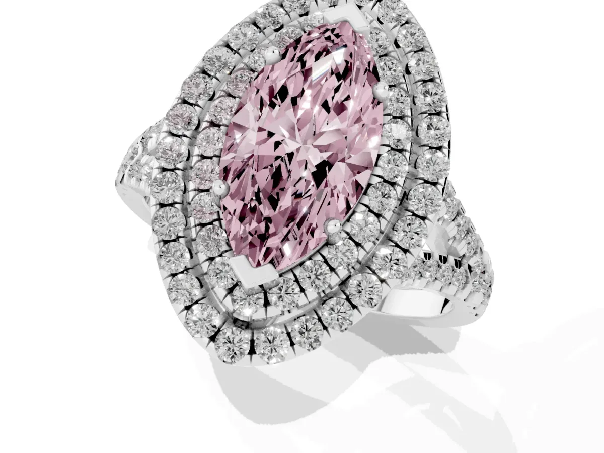 Fancy Pink Double Halo Marquise Cut Diamond Pavé Split Shank Ring with Prong Setting Platinum