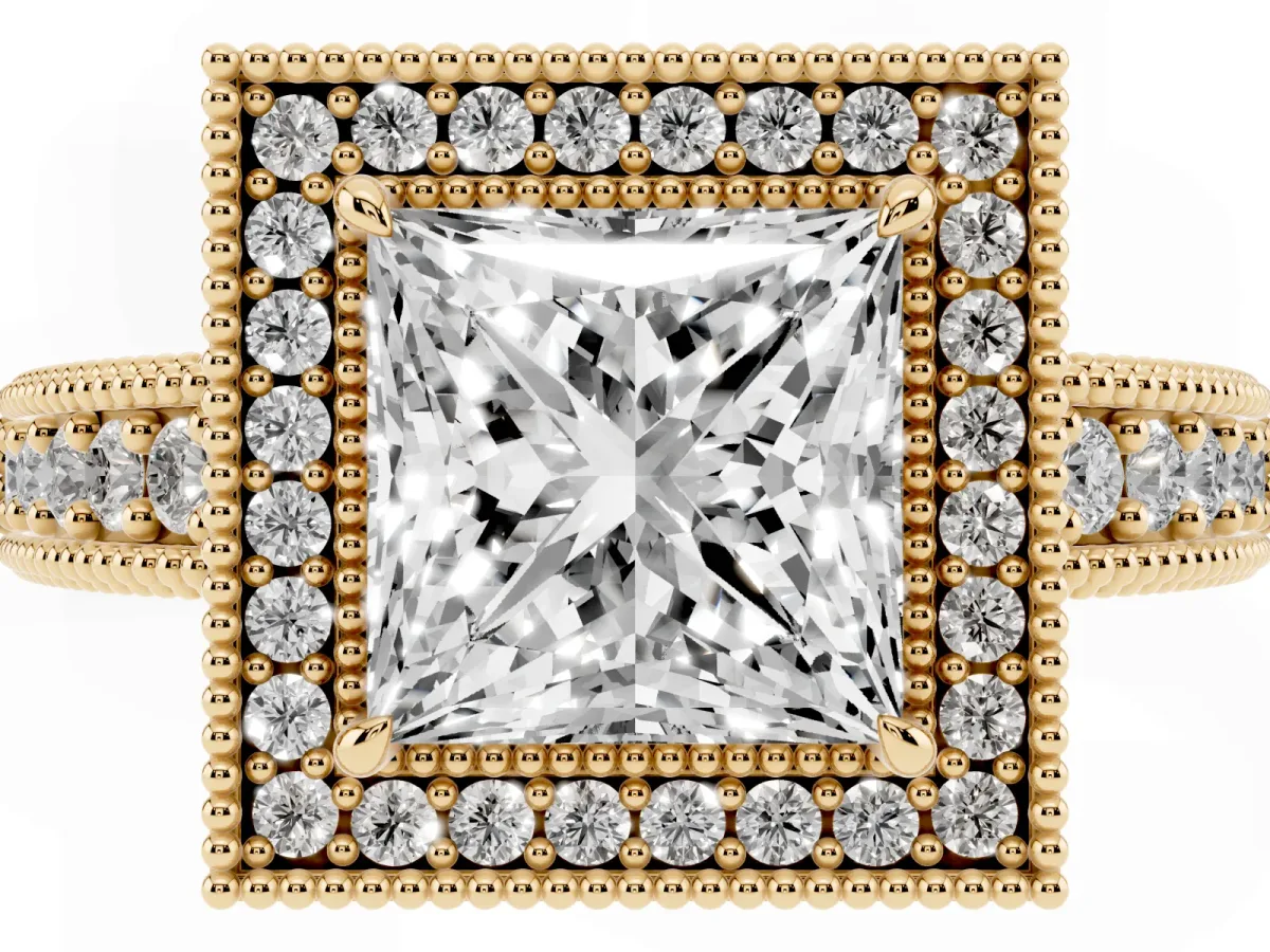Princess Cut Cut Halo Diamond Ring with Pavé Band and Four-Prong Setting Yellow gold