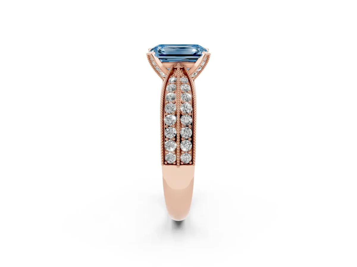 Fancy Blue Emerald Cut Diamond Solitaire Ring with Milgrain Round Pavé Band and Prong Setting Rose gold