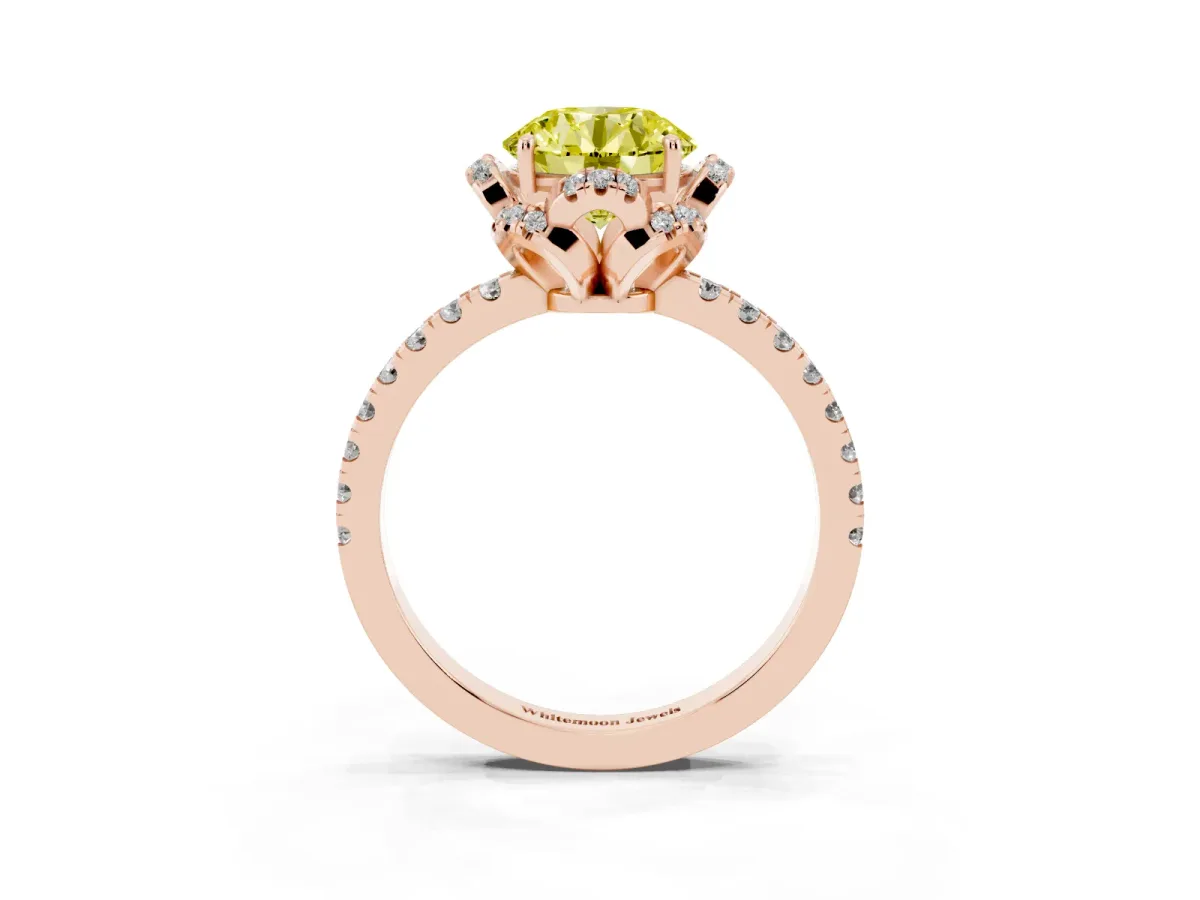 Fancy Yellow Round Cut Halo Diamond Pave Band Ring with Four-Prong Setting Rose gold