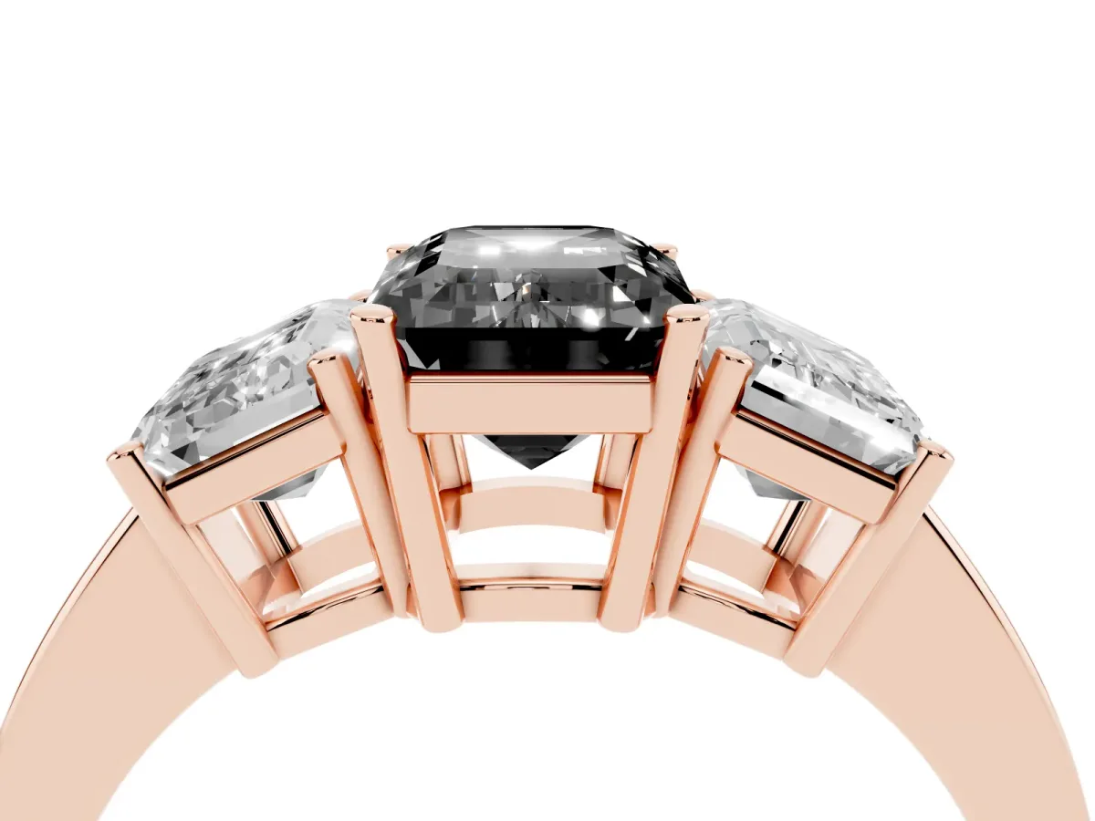 Fancy Black Three-Stone Emerald Cut Cut Diamond Engagement Ring with Flat Band and Four-Prong Setting Rose gold