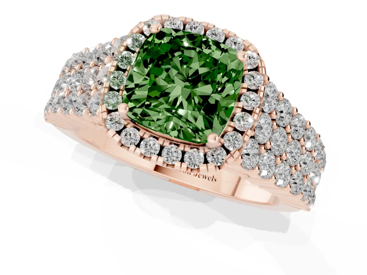 Fancy Green Cushion Cut Diamond Halo Engagement Ring with Triple Row Round Pavé Band and Prong Setting Rose gold