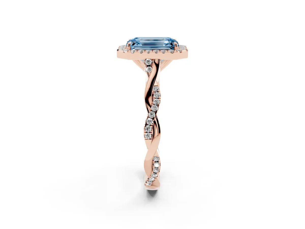 Fancy Blue Emerald Cut Halo Twist Band Solitaire Ring Rose gold